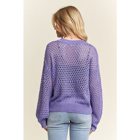 ADORA Round Neck Long Sleeves Lurex Crochet Detail Openwork Csual Top | Purple - Picture 3 of 6